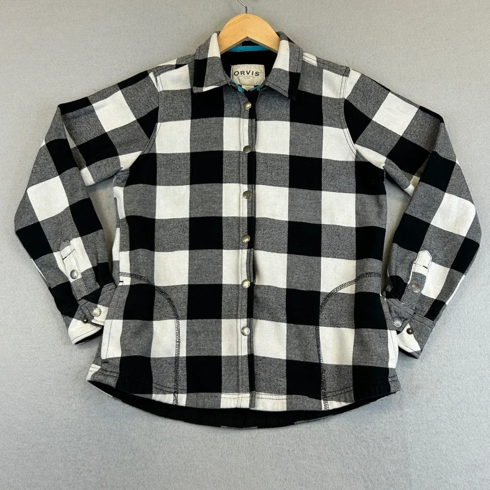 Orvis Shacket Mens S Black White Buffalo Plaid Fleece Lined Snap Front